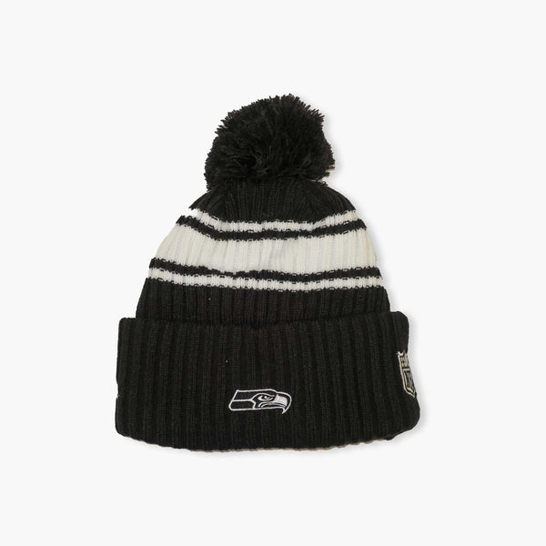 Seattle Seahawks 2022 Sideline Black and White Cuff Pom Beanie