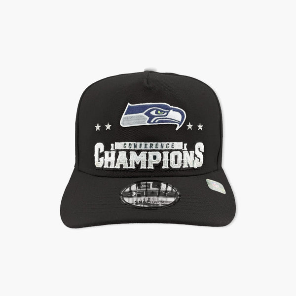 Seattle Seahawks New Era 2025 NFC Champions Locker Room Trophy Collection A-Frame 9FIFTY Snapback Hat - Black
