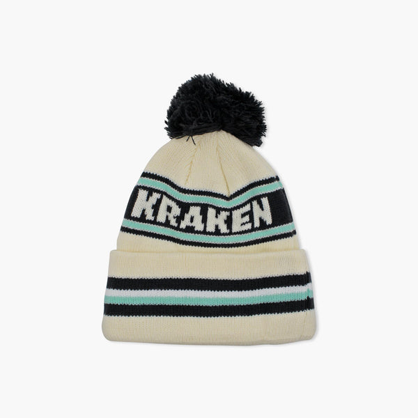 Seattle Kraken Cream Striped Cuff Pom Beanie