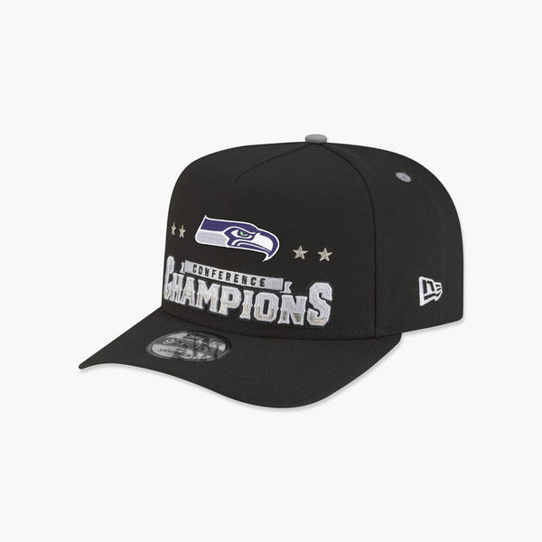 Seattle Seahawks New Era 2025 NFC Champions Locker Room Trophy Collection A-Frame 9FIFTY Snapback Hat - Black