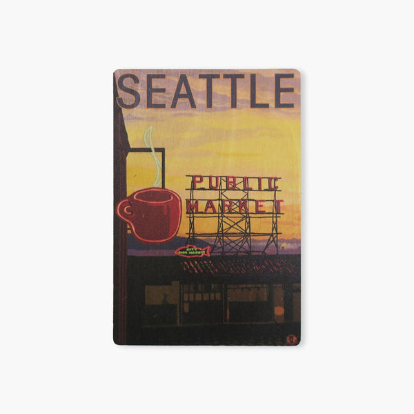 LP Pike Place Market Sign & Water Wooden Postcard