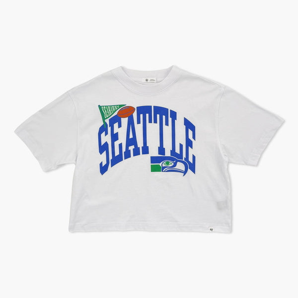 Seattle Seahawks Women's Varsity Arch White Crop T-Shirt