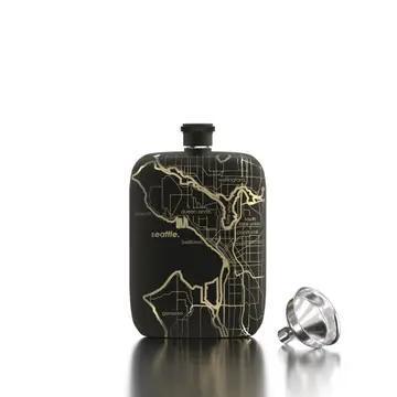 Seattle Map Matte Black Pocket Flask