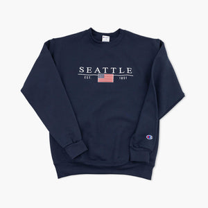 Seattle American Flag Navy Embroidered Powerblend Crewneck