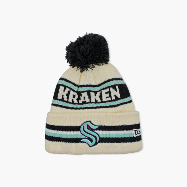 Seattle Kraken Cream Striped Cuff Pom Beanie
