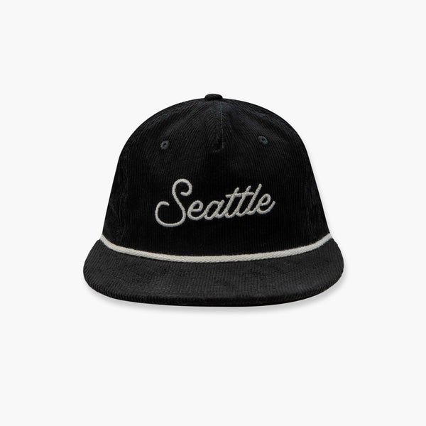Black Seattle Corduroy Script Retro Crown Snapback