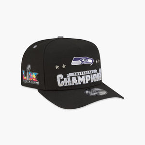 Seattle Seahawks New Era 2025 NFC Champions Locker Room Trophy Collection A-Frame 9FIFTY Snapback Hat - Black