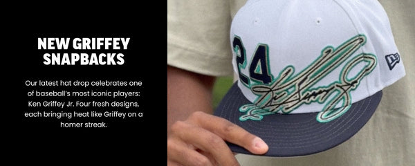 New Griffey Snapbacks:
Our latest hat drop celebrates one of baseball’s most iconic players: Ken Griffey Jr. Four fresh designs, each bringing heat like Griffey on a homer streak. SHOP