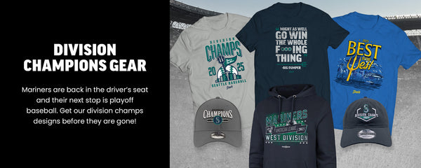 Division Champions Gear- Mariners are back in the driver’s seat and their next stop is playoff baseball. Get our division champs designs before they are gone!