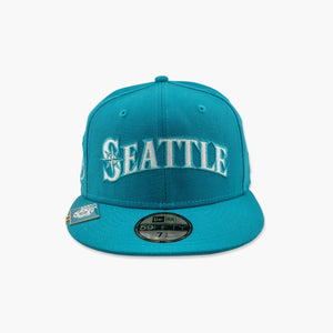 New Era Seattle Mariners Teal Script Fitted Hat W/ City Flag Clip