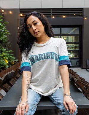 Portrait Of Person Modeling a Mariners Sale T-shirt Item.