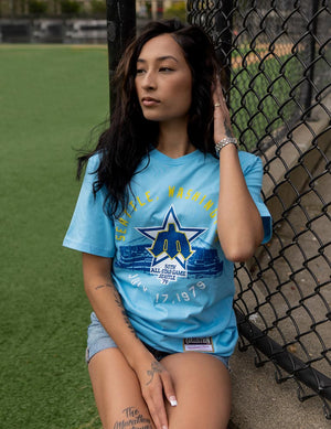 Portrait Of Person Modeling a Mariners Sale T-shirt Item.