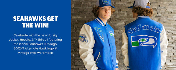 Seahawks get the win! Celebrate with the new Varsity Jacket, Hoodie, & T-shirt all featuring the iconic Seahawks 90's logo, 2002-11 Alternate Hawk logo, & vintage style word mark!