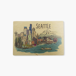 LP Seattle Cityscape Line Drawing Wooden Postcard