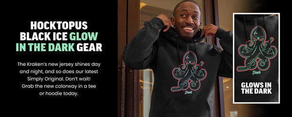 Hocktopus Black Ice Glow In The Dark Gear -The Kraken’s new jersey shines day and night, and so does our latest Simply Original. Don’t wait! Grab the new colorway in a tee or hoodie today. Shop Now.