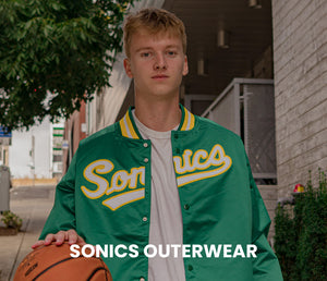 Shop Sonics Outerwear, Portrait of Model Wearing A Sonics Satin Jacket.