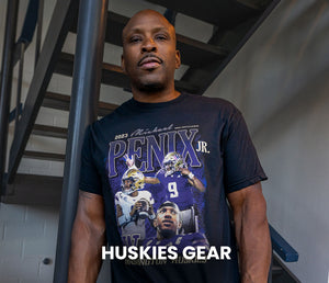 Shop Huskies Gear, Portrait of Model Wearing A Huskies T-shirt