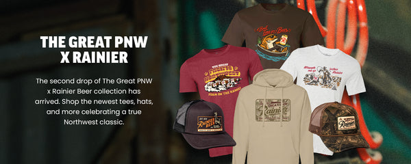 The Great PNW X Rainier: The second drop of The Great PNW x Rainier Beer collection has arrived. Shop the newest tees, hats, and more celebrating a true Northwest classic. Shop Now.