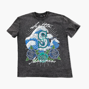 Seattle Mariners Wave & Roses Washed Black T-Shirt