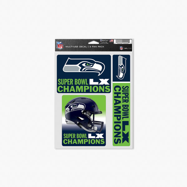 Seattle Seahawks Super Bowl LX Champions 5.5" x 7.75" 3-Pack Fan Decal